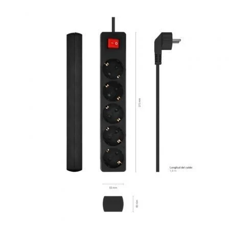 Aisens Regleta de 5 Tomas con Interruptor y Cable 1,4m, Negro